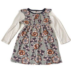 Tea Collection Girls Fit & Flare Dress Gray Floral Long Sleeve Smocked Flowers 3